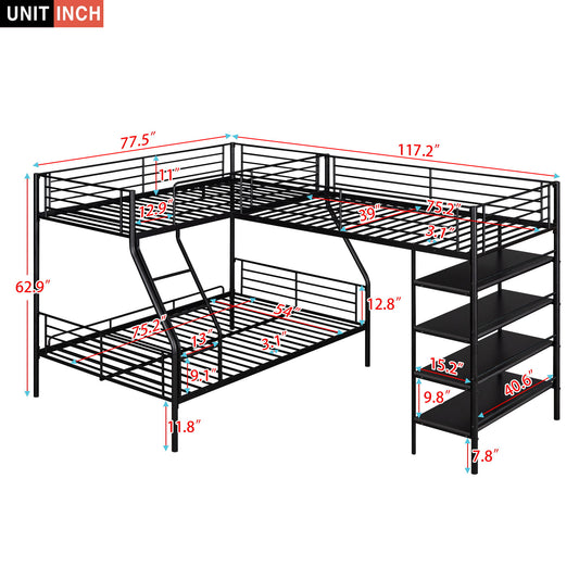 L-Shaped Twin Over Full Bunk Bed And Twin Loft Bed With 4 Built In Shelves - Black