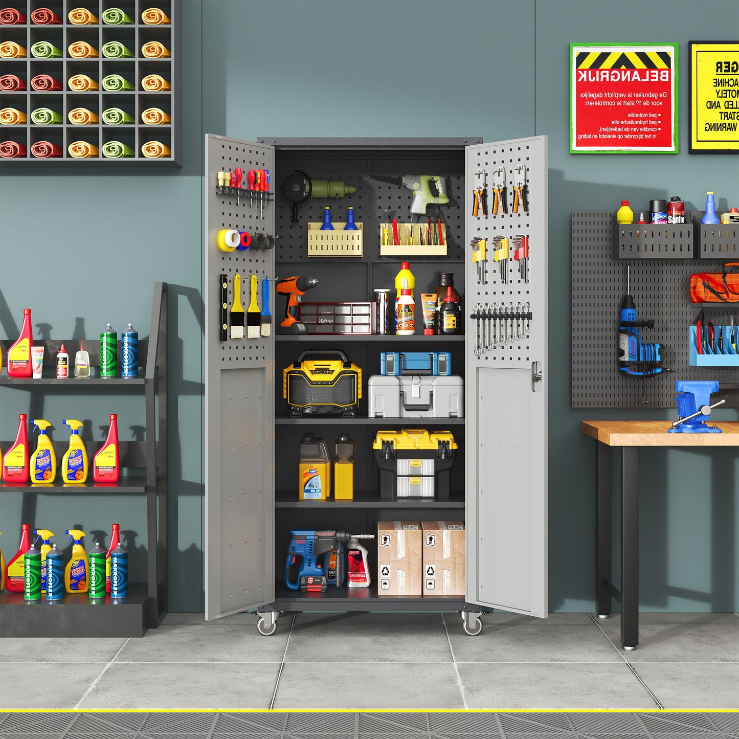 Metal Garage Storage Cabinet With Wheels Heavy Duty Tool Storage Cabinet - Brushed Nickel