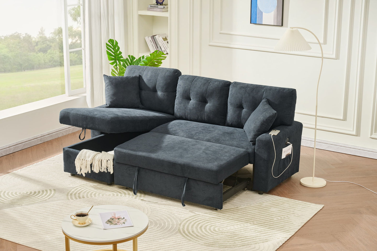 Reversible Sofa Couch Sleeper With Pull Out Bed And USB Port
