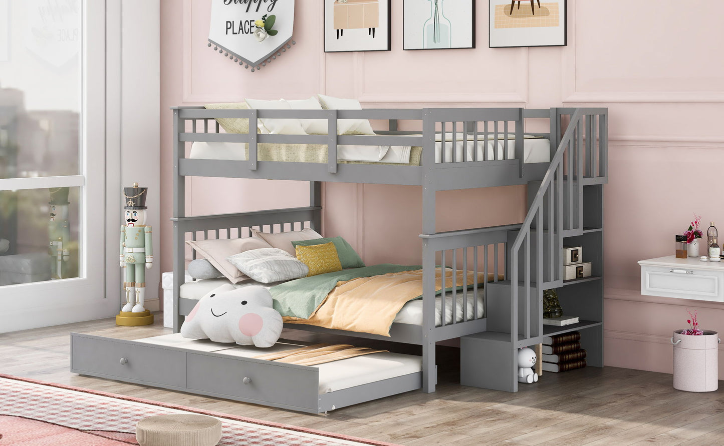 Stairway Bunk Bed With Storage And Guard Rail For Bedroom