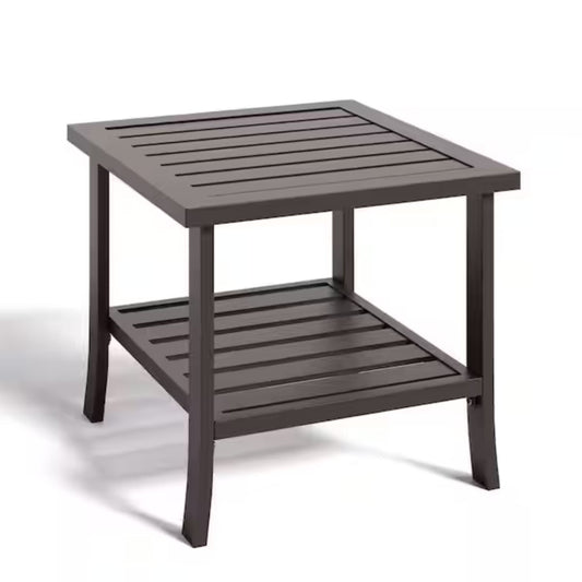 Square 2 Tier All-Weather Outdoor Side Table With Slatted Top