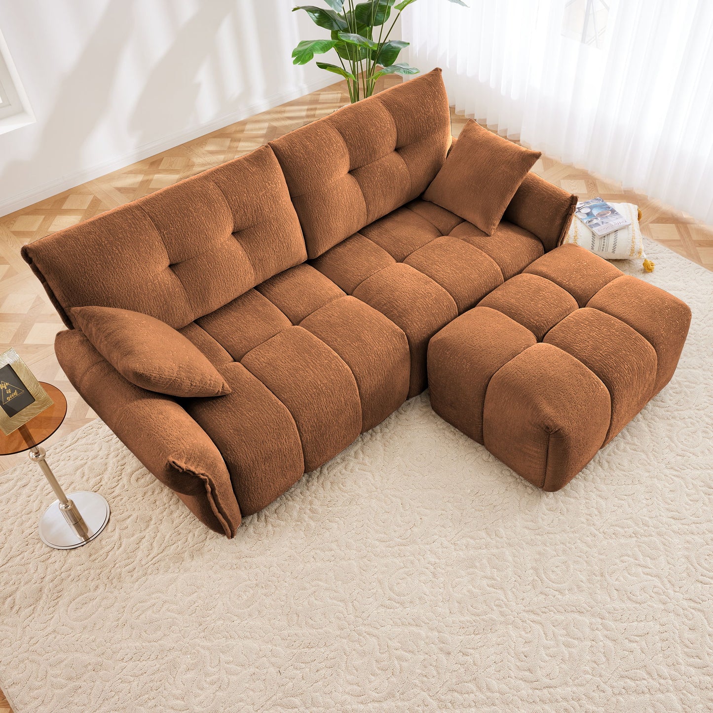 Sofa Set With Ottoman And Pillows, Textured, High Resilience Cushions
