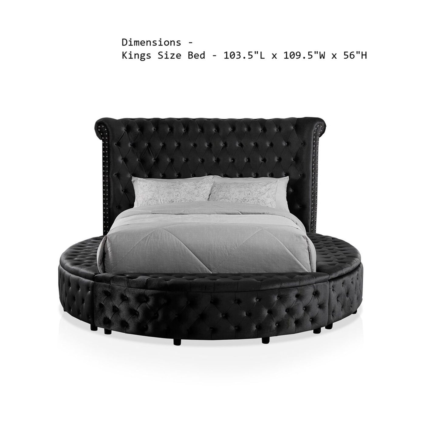 Glam Button Tufted Wingback Round Bed With Storage And USB Ports