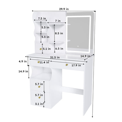 Dressing Table With Movable Mirror And LED Light, 5 Drawer Storage Organizer - White