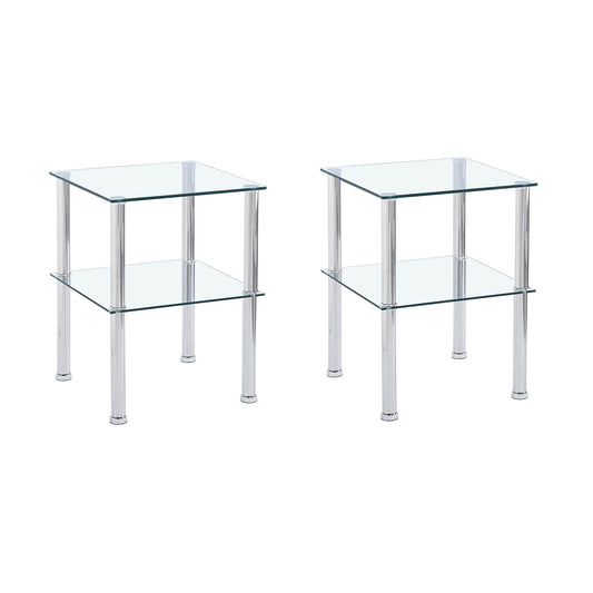 Modern 2 Piece Side Table With Storage Shelf, Tempered Glass, Space Saving Design - Clear