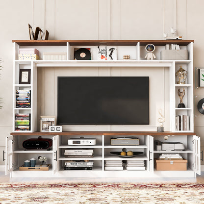 Wall Unit Entertainment Center With Bookshelves For TVs Up To 80", Tempered Glass Doors And Adjustable Shelves
