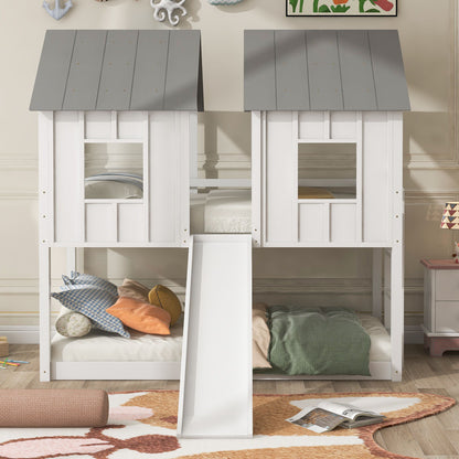 Twin Over Twin House Bunk Bed With Slide And Windows - White