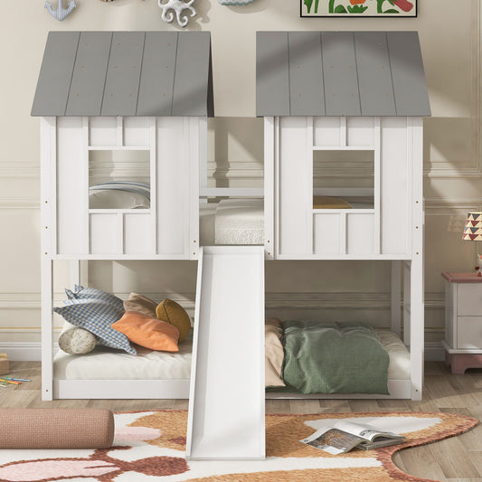 Twin Over Twin House Bunk Bed With Slide And Windows - White