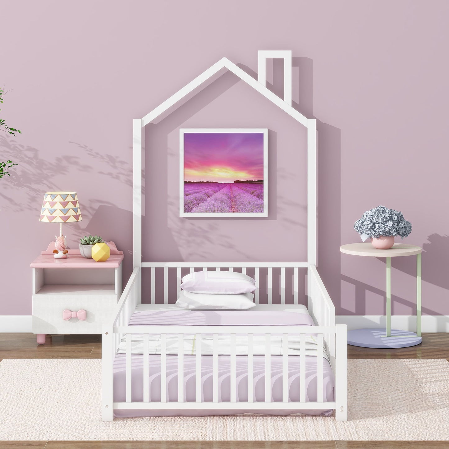 Metal House Platform Bed With Guardrail And Chimney