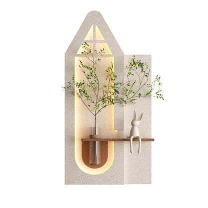 Adjustable 3 Color LED Sandstone Wall Decor With Simulated Plants, Glass Vase & Rabbit Statue - Light Coffee
