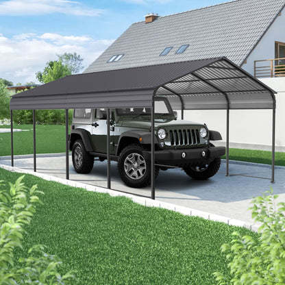 Metal Carport 12 X 20 Ft Heavy Duty With Galvanized Steel Roof Metal Garage Canopy With Galvanized Steel Roof & Frame Car Tent Outdoor Storage Shed For Car Boats And Truck - Alabaster / Dark Gray