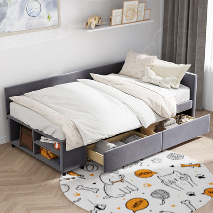 L Shaped Upholstered Platform Bed With Storage And Drawers