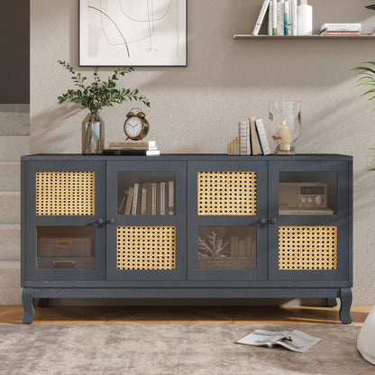Retro Industrial 4 Door Sideboard With Large Storage, Rattan And Glass Doors