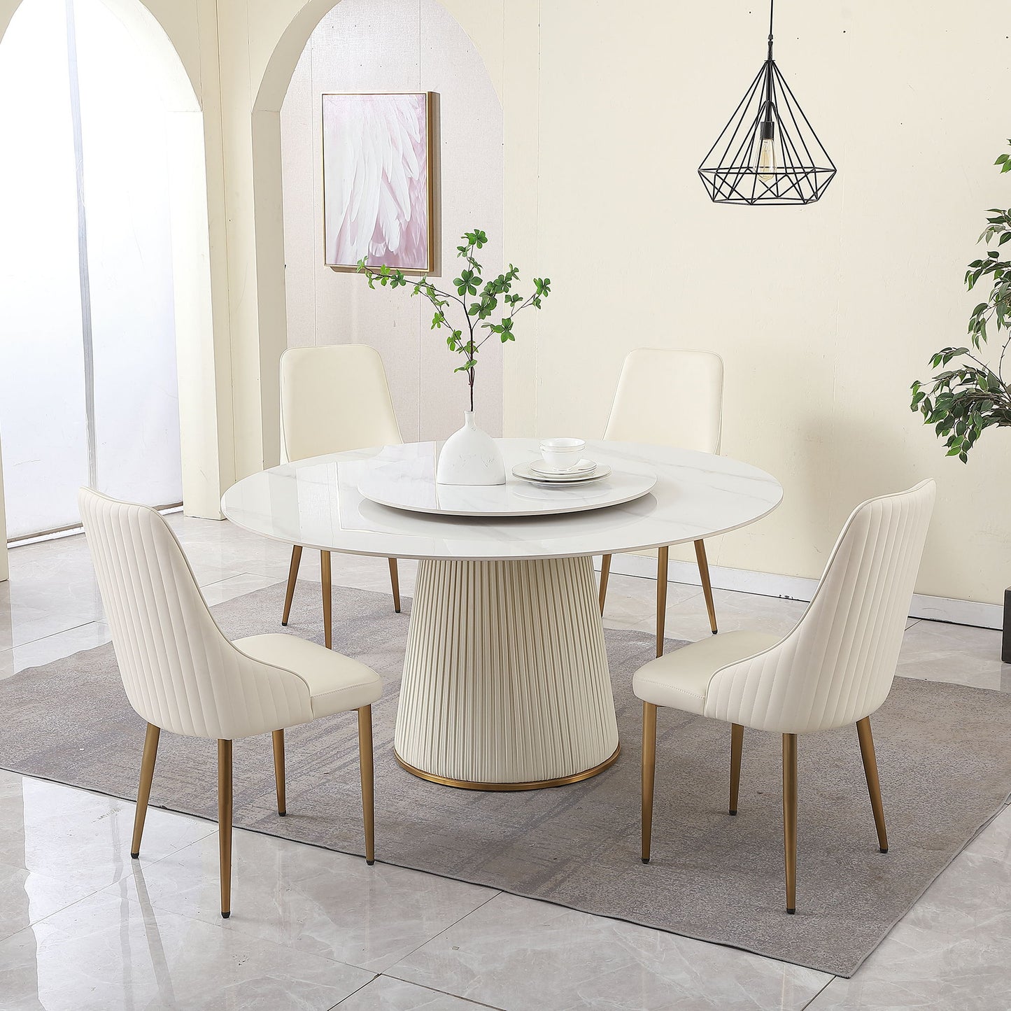 Modern Sintered Stone Dining Table With Turntable And Wood Metal Pedestal With 4 Chairs - Beige / White
