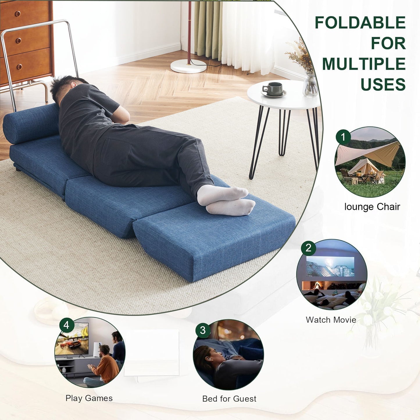 Foldable Single Chair Sofa Bed With Pillow, Easy To Store, Breathable And Wearable Linen