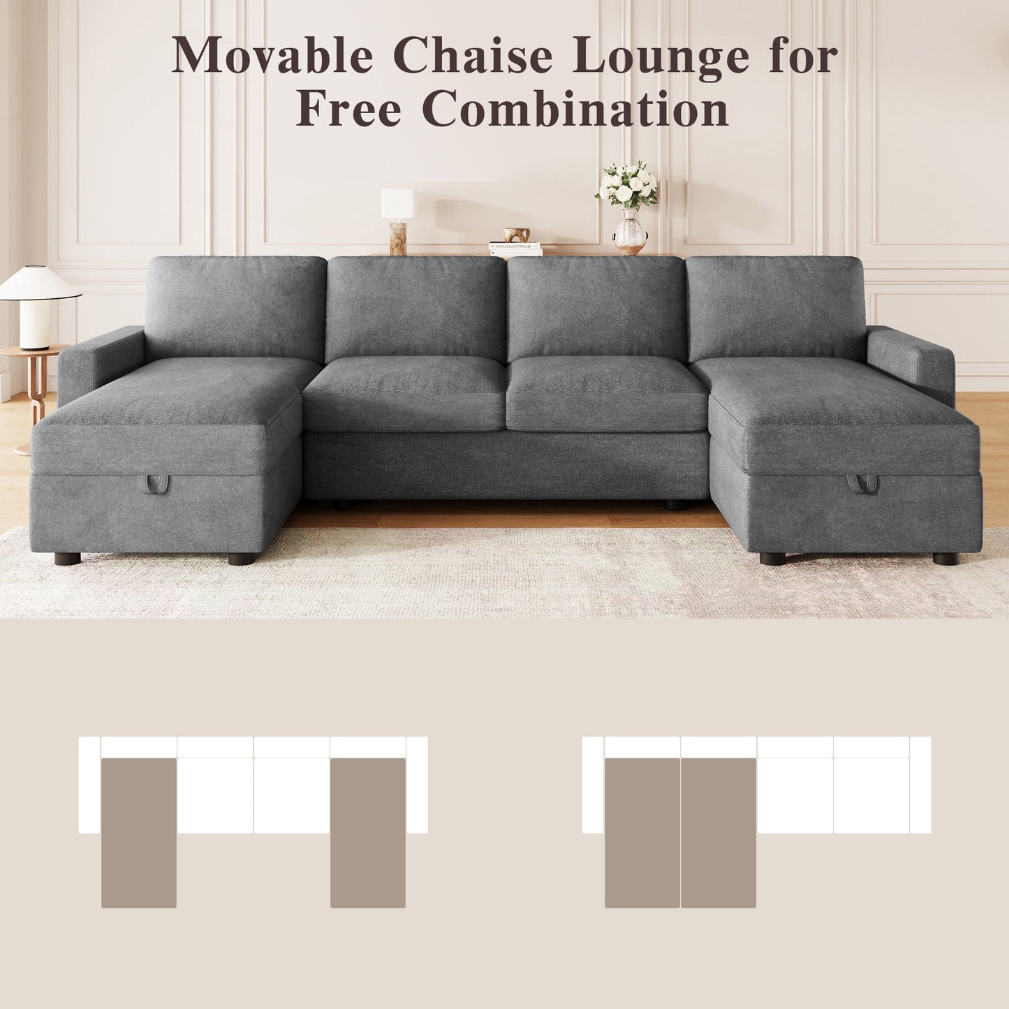 Convertible Sectional Sofa With Storage Chaise Lounges And USB Ports