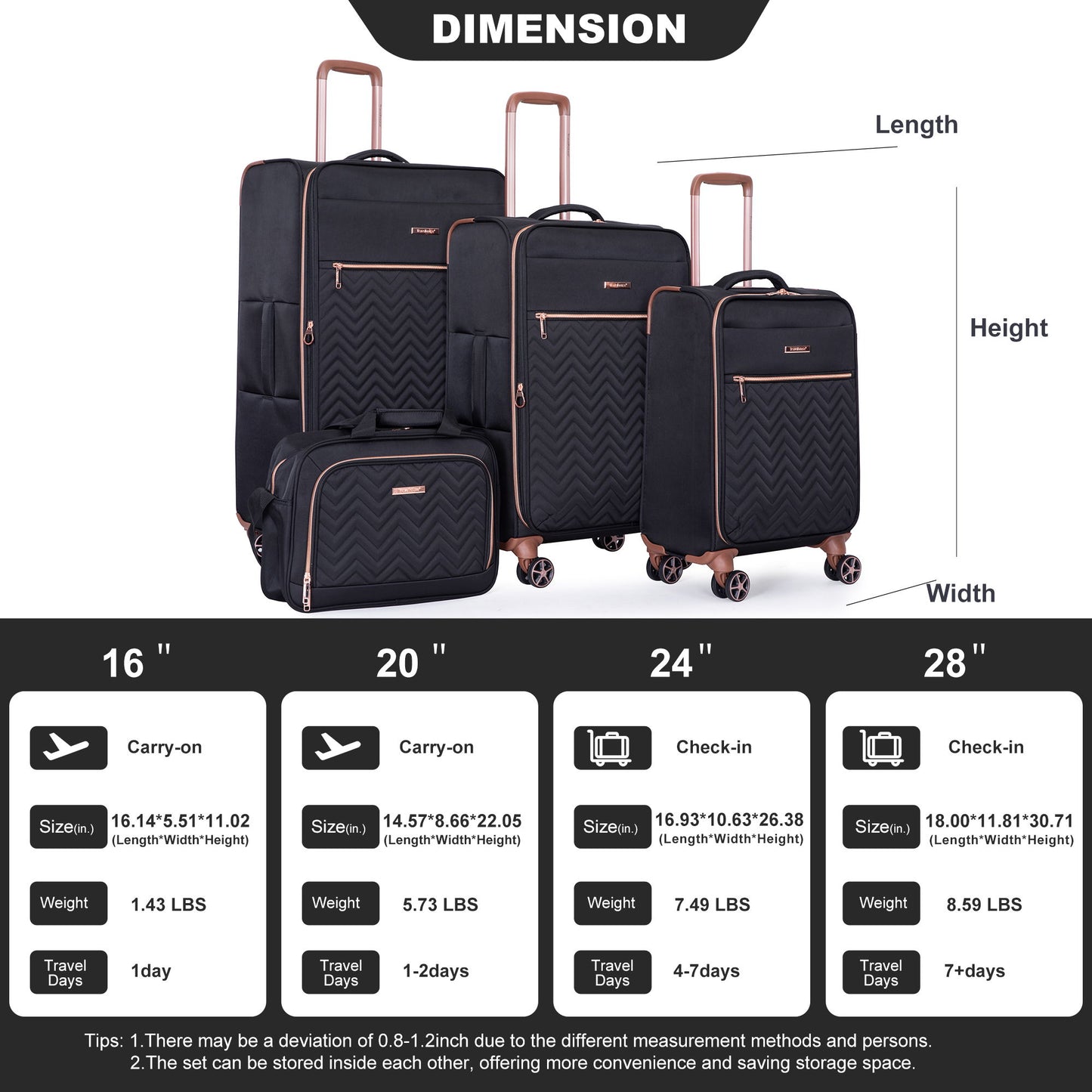 4 Piece Set, Softshell Suitcase Spinner Wheels Terylene Luggage Sets