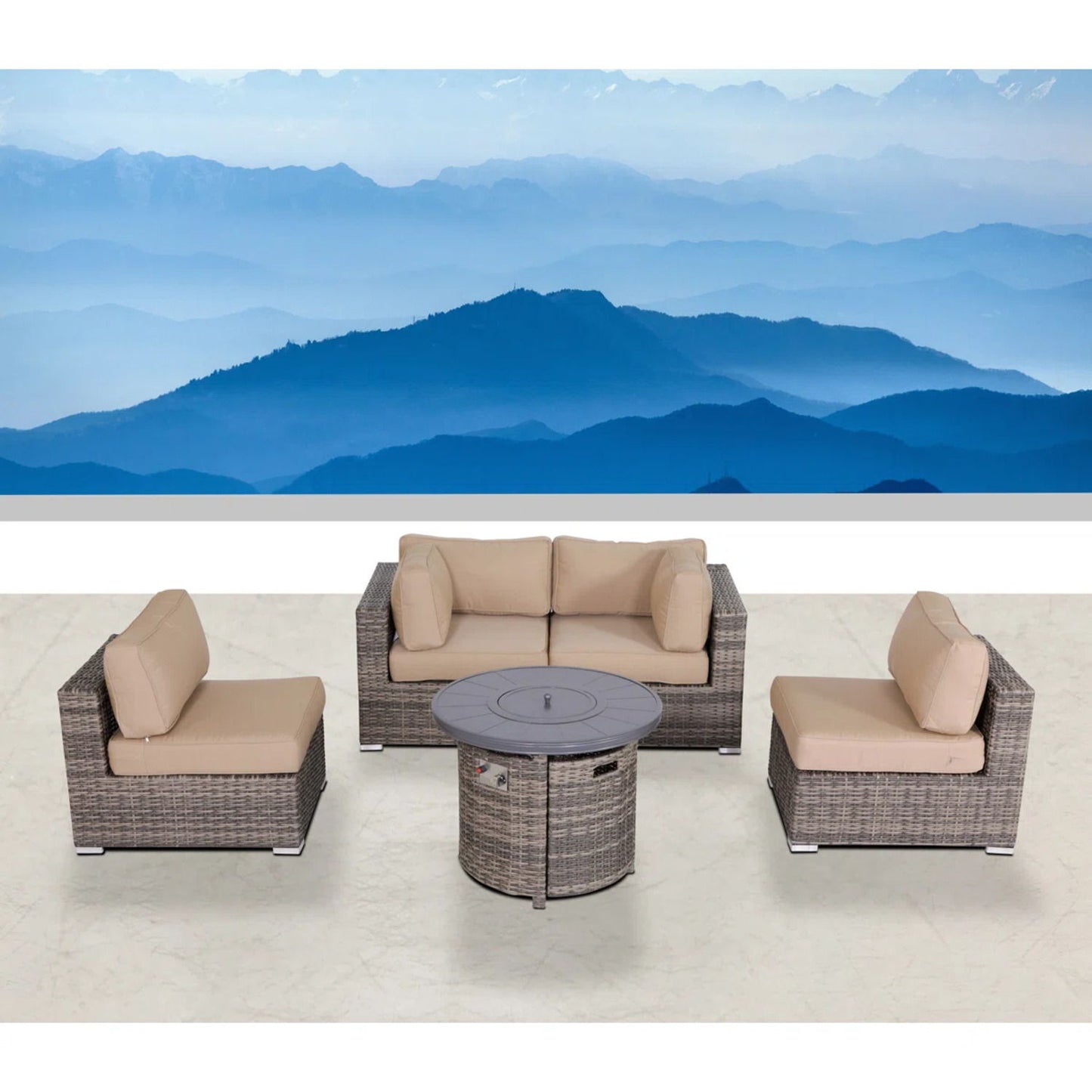 Wicker Outdoor Lounge Set With Cushions And Fire Pit