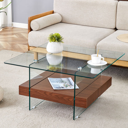 Modern 2 Tier Square Coffee Table, Elegant Marble Pattern