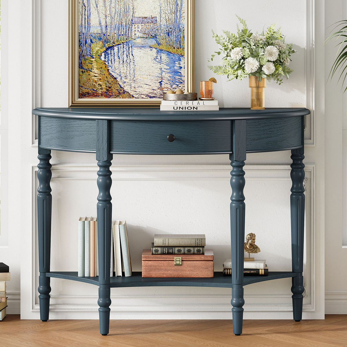 Half Moon Console Table With Drawer & Shelf