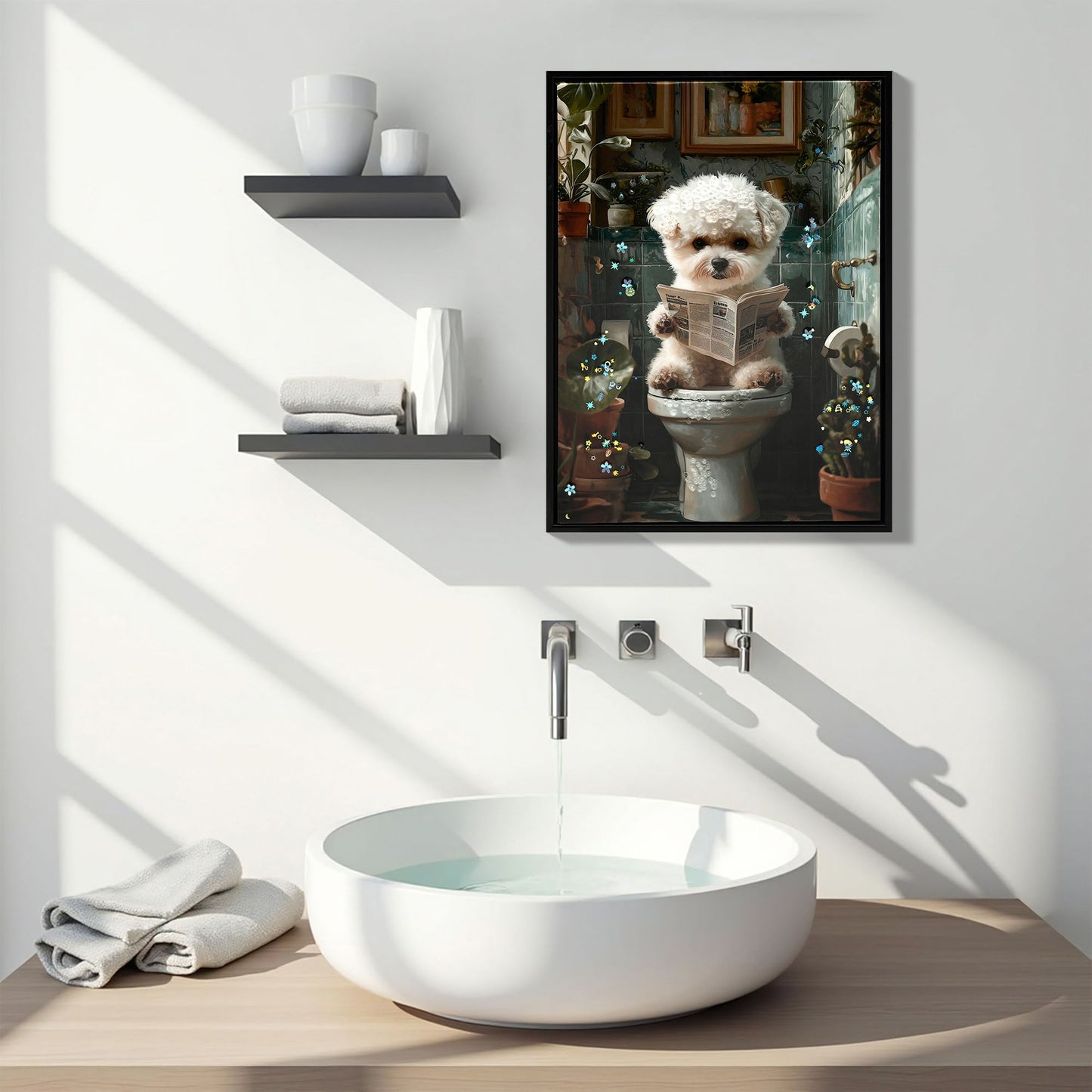 Framed Bathroom Decor, Cute Puppy Wall Art In Picture Frame, 3D Canvas Print - Indigo / White