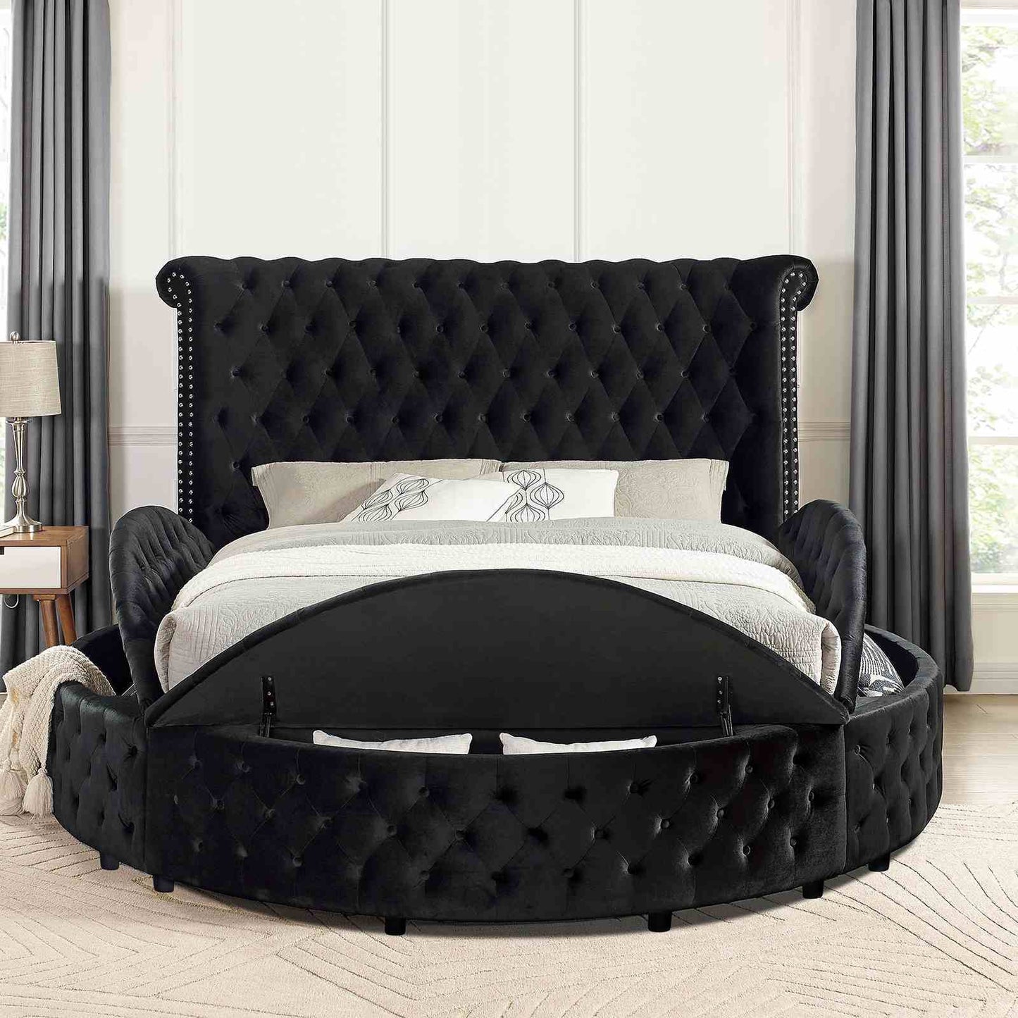 Glam Button Tufted Wingback Round Bed With Storage And USB Ports