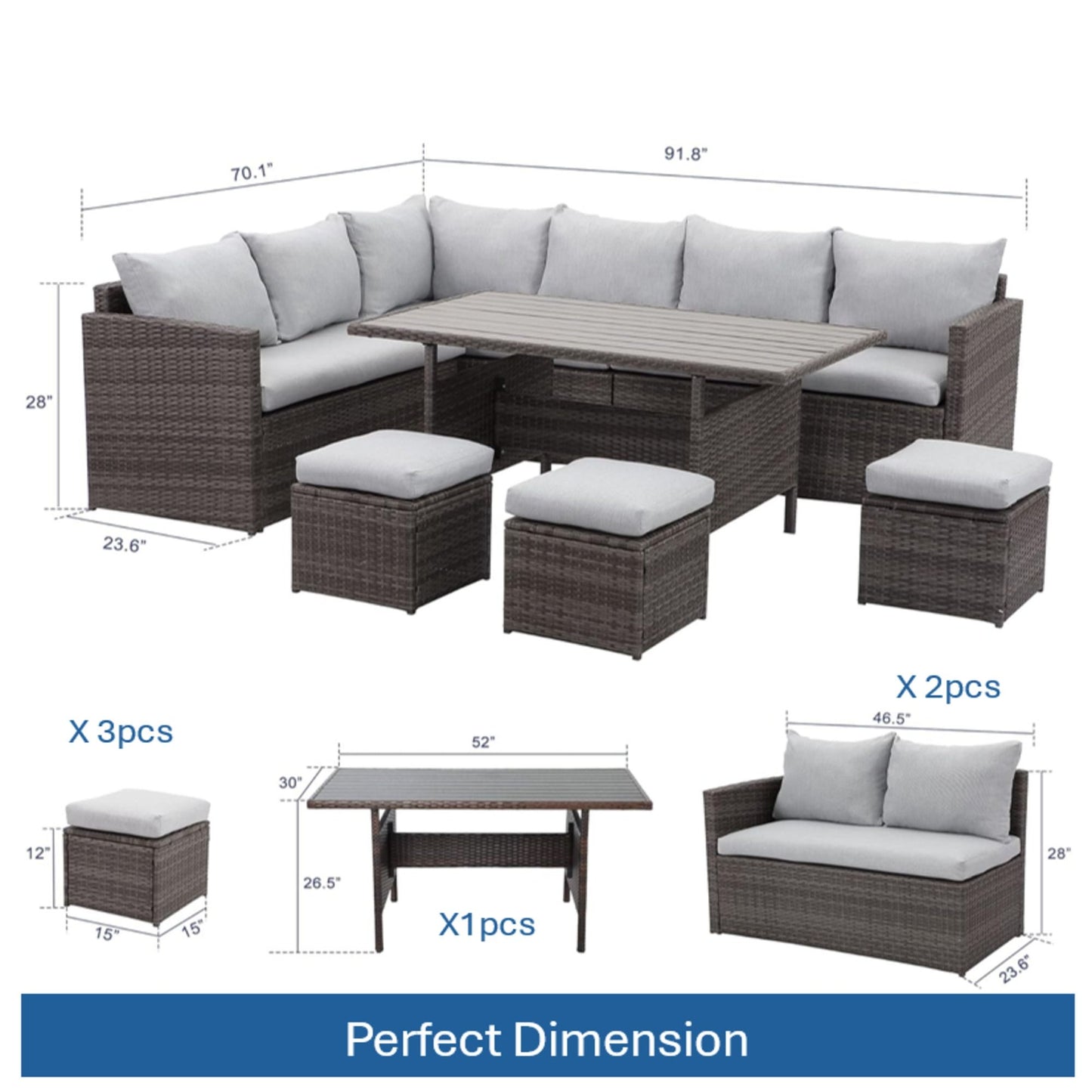 7 Piece Outdoor Dining Set With Cushions, Modular Sectional Sofa And Table