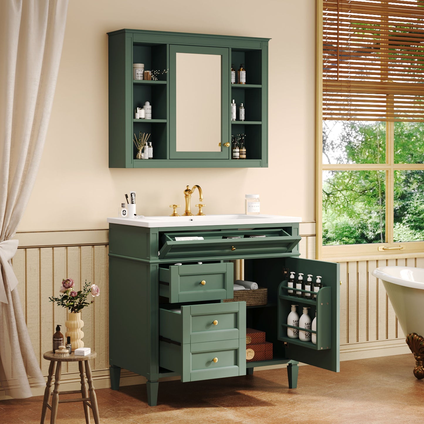 Bathroom Vanity With Mirror Cabinet, Single Sink With 2 Soft Closing Doors And 4 Drawers