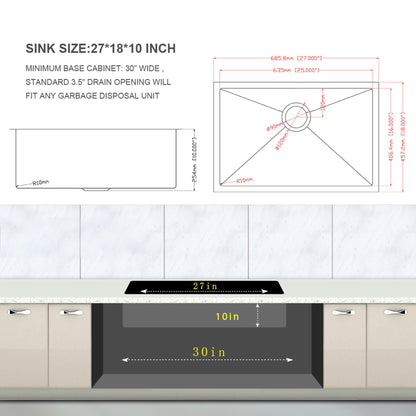 Modern Undermount Stainless Steel Kitchen Sink 16 Gauge, Deep Single Bowl