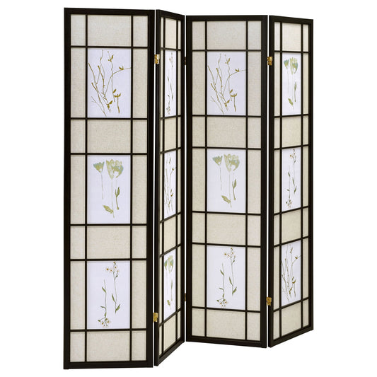 4 Panel Folding Screen With Floral Motif - Black