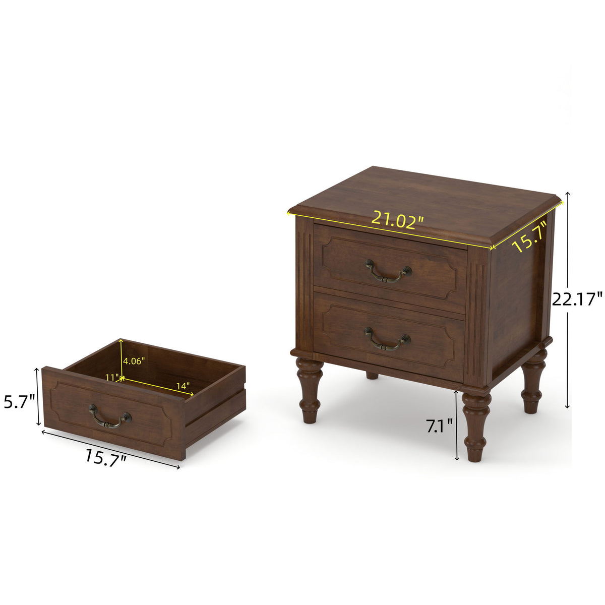 Fluted Nightstand With 2 Drawers, Bedside Table