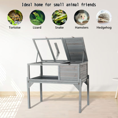 Tortoise Habitat Indoor & Outdoor Wooden Tortoise House With Detachable Legs Reptile Cage For Small Animals Non Leak Waterproof Tray - Gray