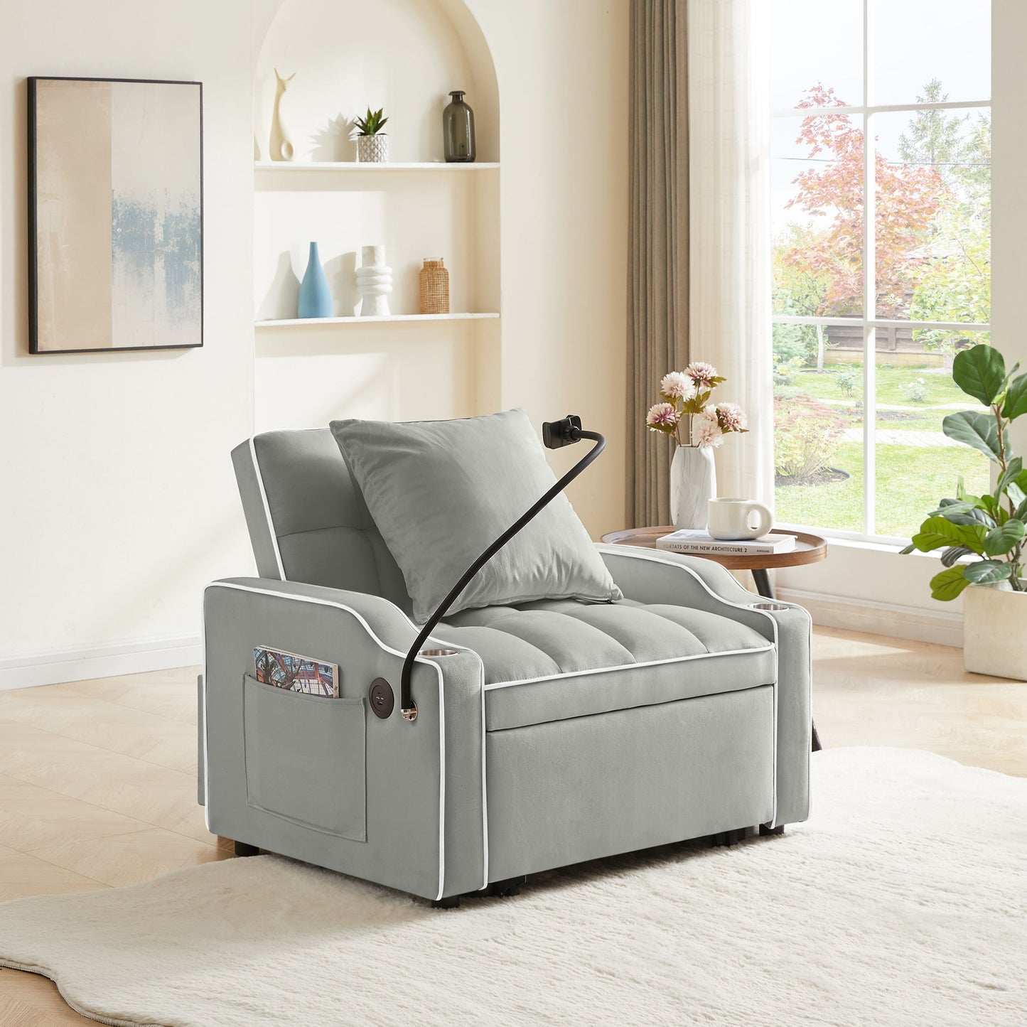 Convertible Velvet 3 In 1 Sofa Bed With Adjustable Sleeper Chair And Multi Pockets