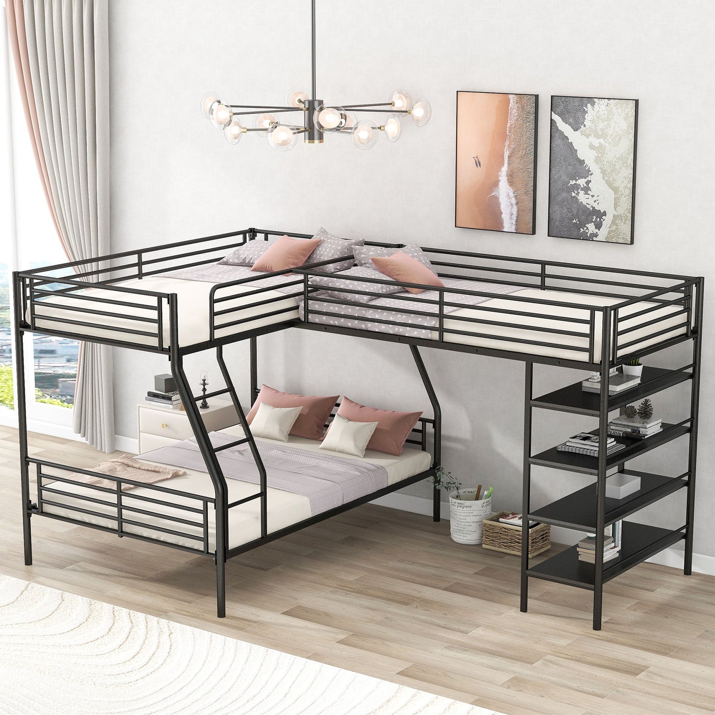 L-Shaped Twin Over Full Bunk Bed And Twin Loft Bed With 4 Built In Shelves - Black