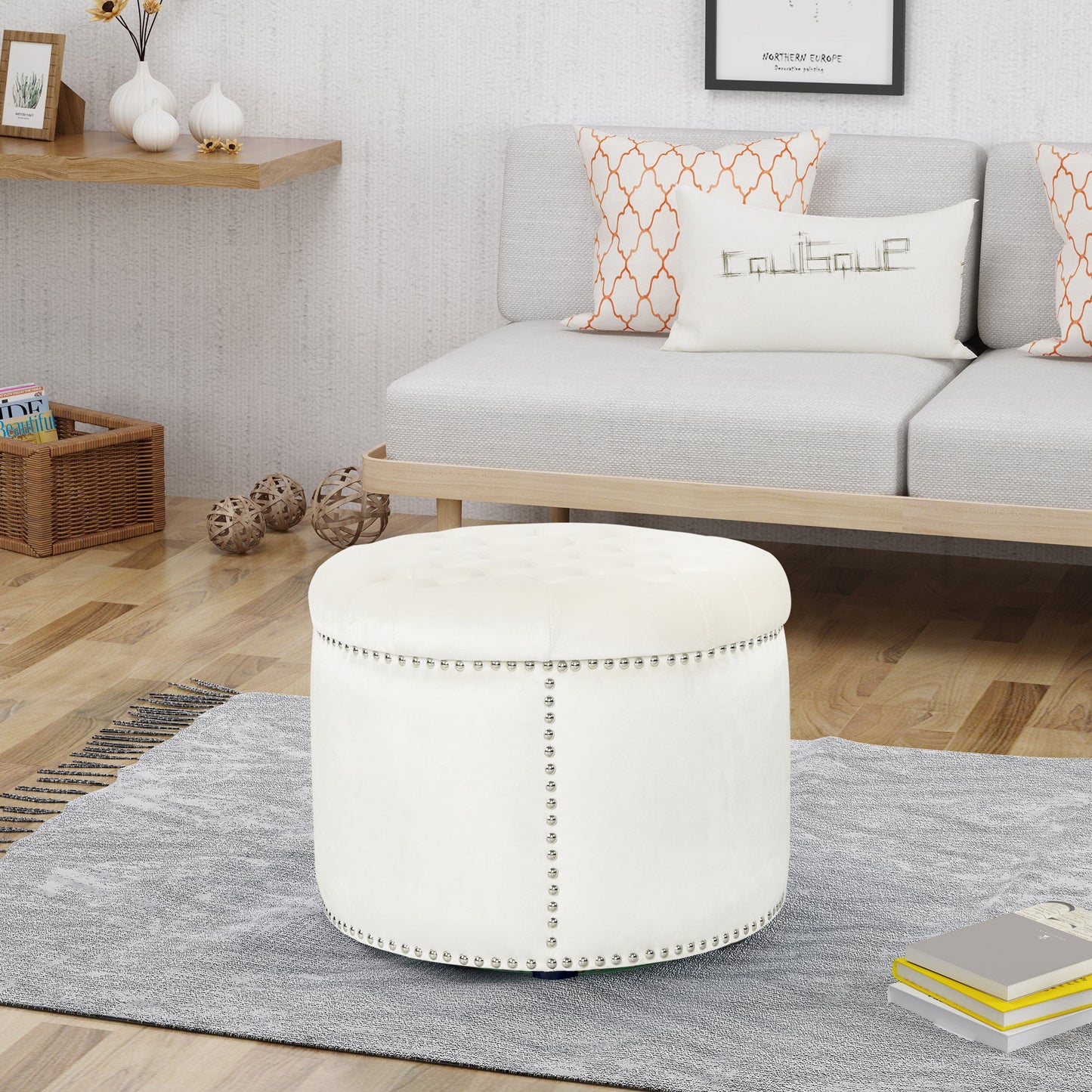 Elegant Round Ottoman Footstool With Studded Rim