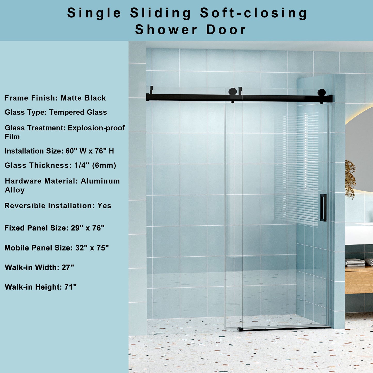 Frameless Soft-Closing Shower Door, 1/4" (6 Mm) Tempered Glass Single Sliding With Explosion Proof Coating