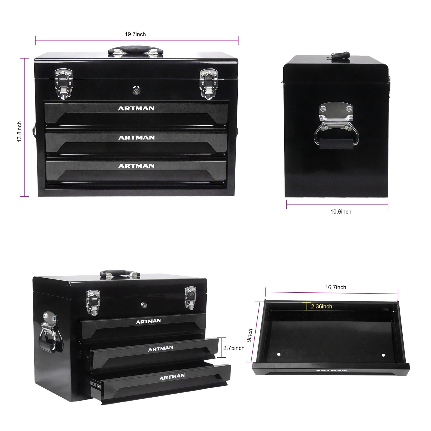 Portable 3 Drawer Steel Toolbox, 4 Layers Of Tools With Metal Latches, With Storage Tray And Carrying Handle
