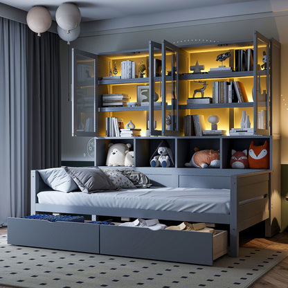 Daybed With Glass Door Storage Cabinets, Built In LED Lighting And Shelves