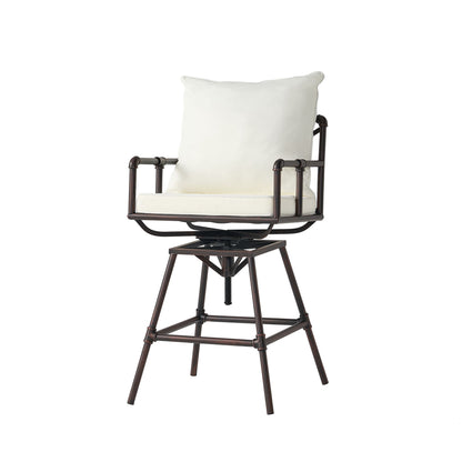 Industrial Outdoor Patio Plumber's Iron Frame Swivel Barstool With Cushions, Height Adjustable