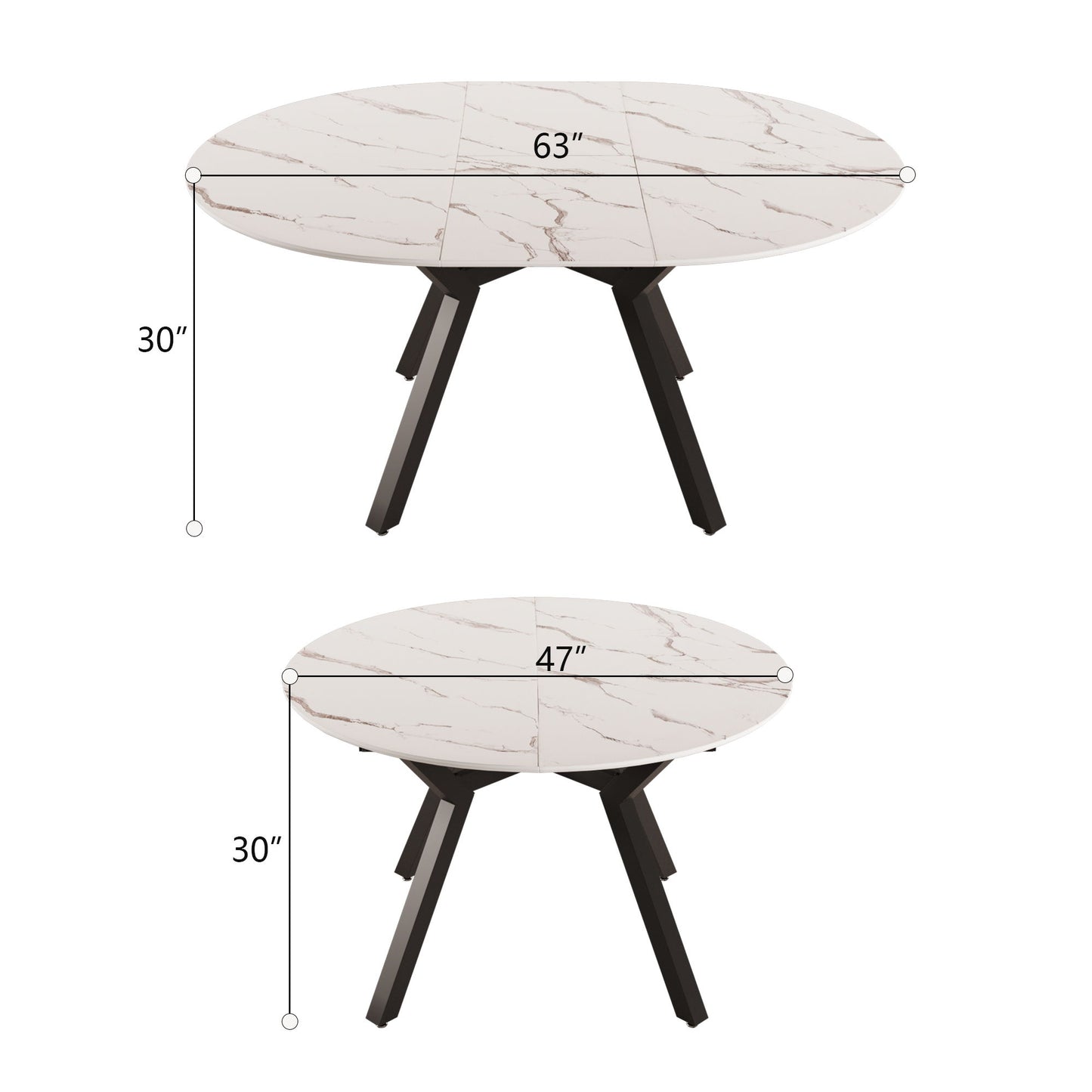 Modern Extendable White Circular Dining Table with MDF Top and Metal Legs for 4-6 Persons