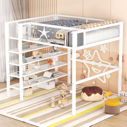 Loft Bed With 4 Tier Shelves And Storage