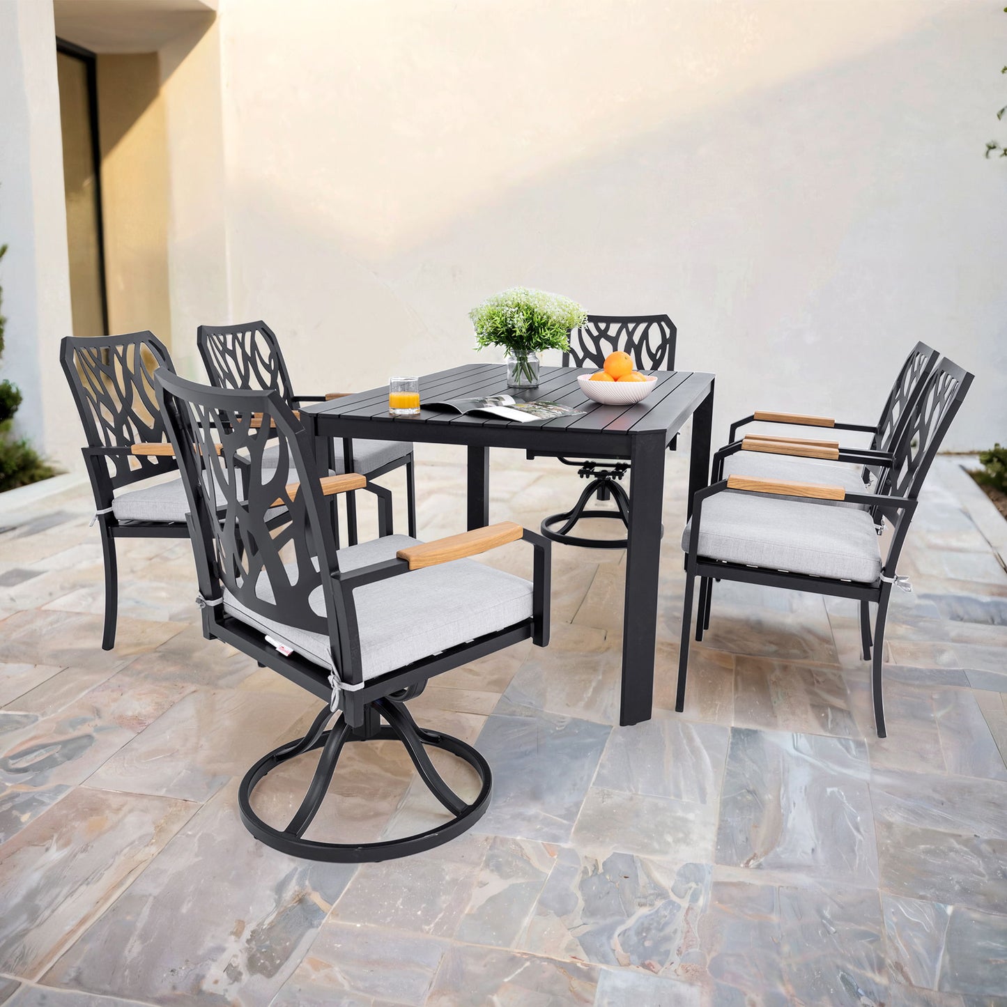 Outdoor Patio Furniture Dining Set With Sunbrella Fabric, Rectangular Table With Umbrella Hole