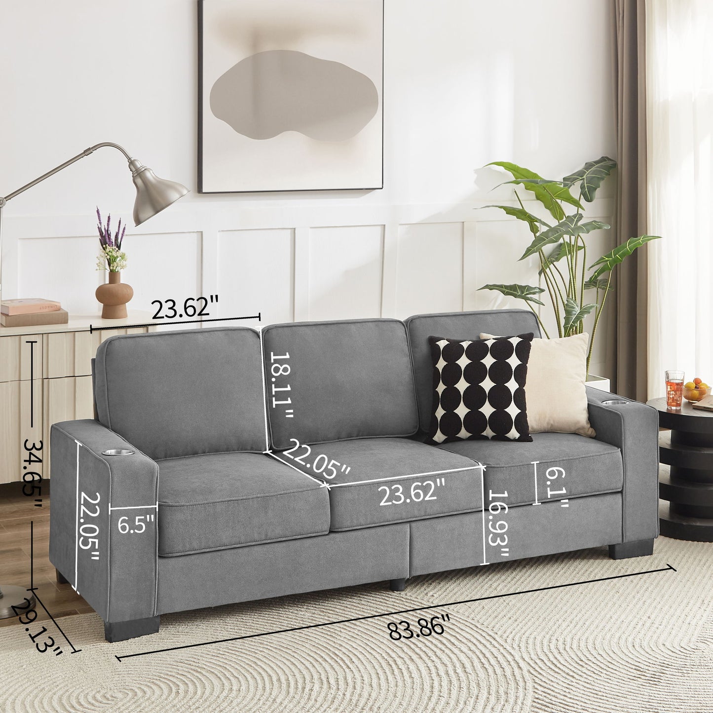 Modern Snowfleece Fabric 3 Seater Sofa With Cup Holder
