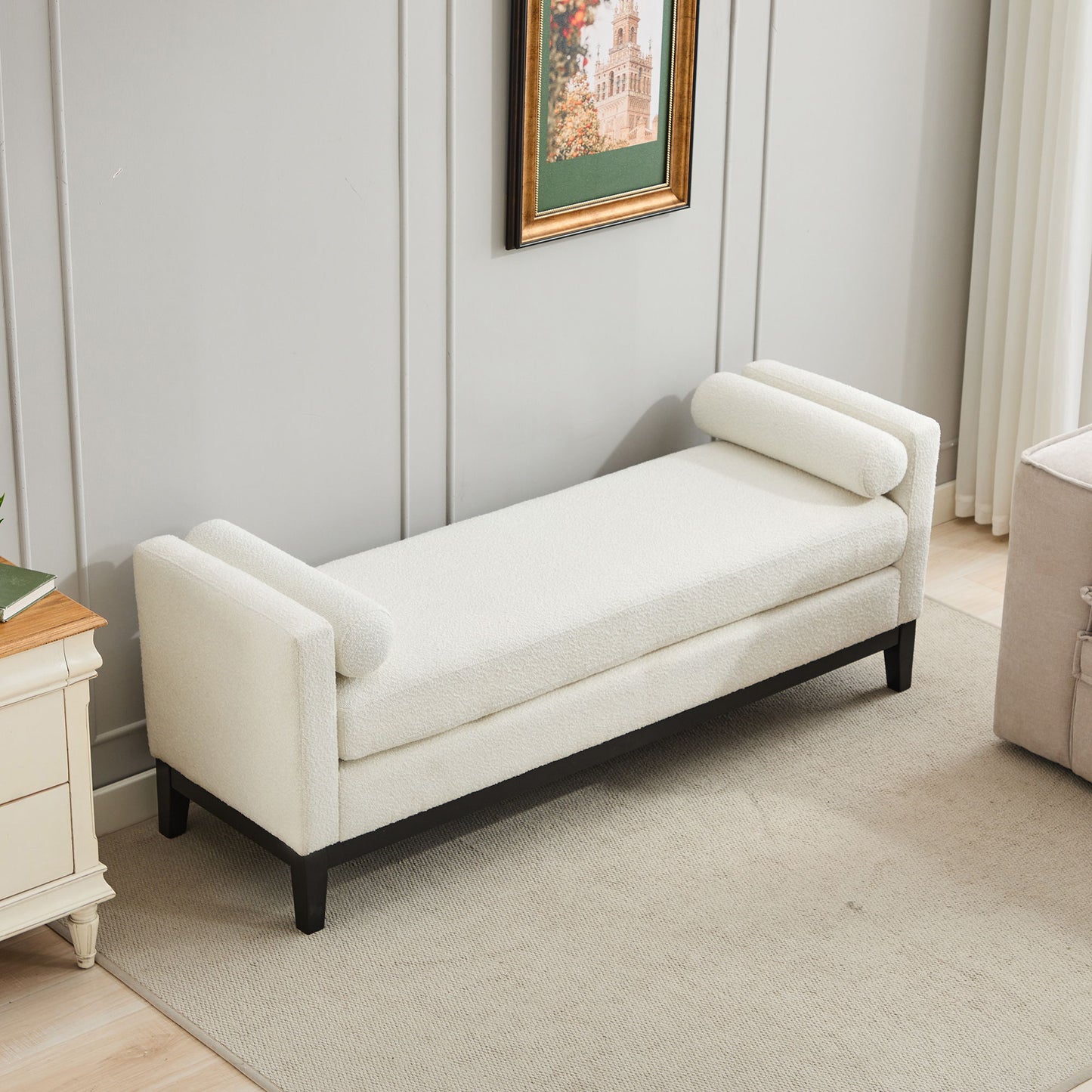 Elegant Upholstered Bench, Daybed, Ottoman With Wood Legs & Bolster Pillows - Ivory Boucle