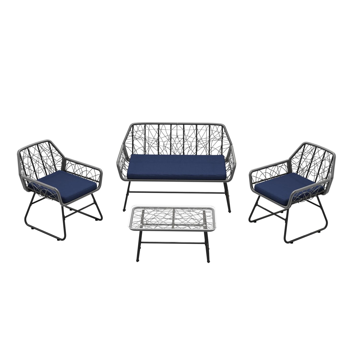 4 Piece Wicker Patio Furniture Set With Tempered Glass Table And Detachable Cushions