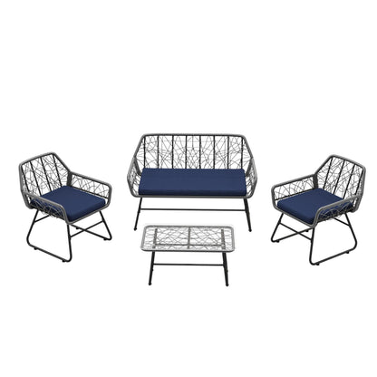 4 Piece Wicker Patio Furniture Set With Tempered Glass Table And Detachable Cushions