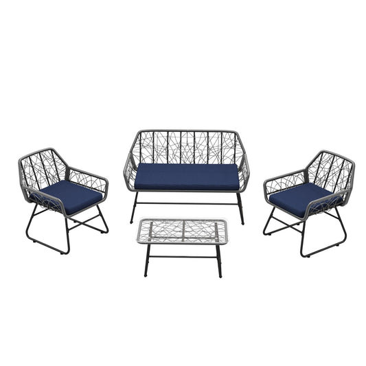 4 Piece Wicker Patio Furniture Set With Tempered Glass Table And Detachable Cushions
