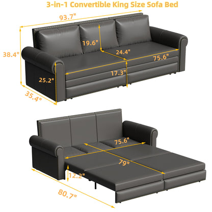 3 In 1 Convertible Sleeper Sofa With Nailhead Trim & Rolled Arm