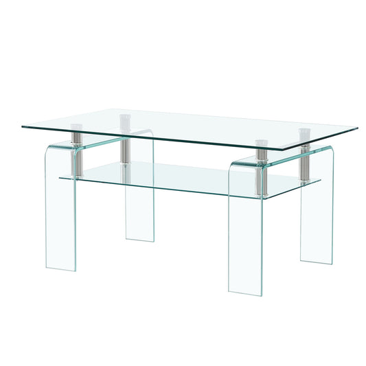 Modern Tempered Glass Coffee Table With 2 Tier Storage For Living Room