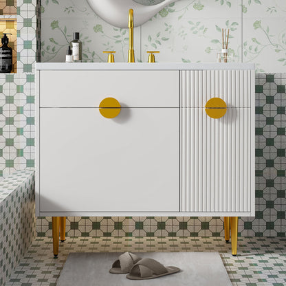 Bathroom Vanity With Sink, Storage Cabinet Soft Closing Door And Drop Down Compartment - White